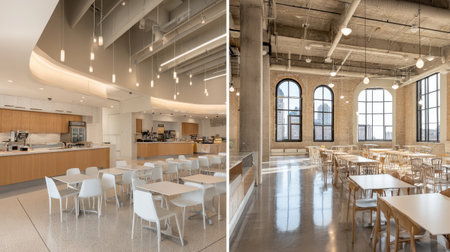 Modern dining space featuring minimalist design, large windows, and an inviting atmosphere. Ideal for casual gatherings, this bright cafe enhances the dining experience.の素材