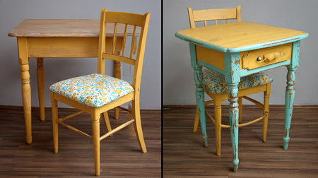 This image features a striking contrast of brightly colored vintage furniture, showcasing unique design elements in a cozy home setting with charm and character.の素材