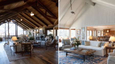 Bright and inviting living room showcasing rustic wood beams, cozy furnishings, and ample natural light. An elegant space perfect for relaxation and gatherings.の素材