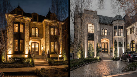 Two stunning modern homes illuminated at night, showcasing unique architectural details and beautiful landscaping for a tranquil and inviting atmosphere.の素材