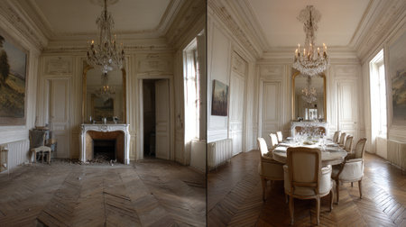 Explore the beauty of an elegant yet abandoned dining room featuring antique decor, ornate moldings, and a captivating atmosphere of faded luxury.の素材