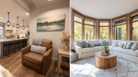 Explore a cozy modern interior showcasing a stylish kitchen and inviting living room. Natural light illuminates the warm, neutral tones for a welcoming atmosphere.の素材