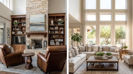 This beautiful living room features a cozy atmosphere with a stone fireplace, elegant furnishings, and abundant natural light. Perfect for relaxation and gatherings.の素材