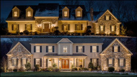 Captivating nighttime image showcasing two beautiful homes featuring stone and wood elements. Warm lighting enhances the inviting atmosphere and architectural details.の素材