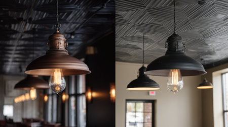 This image features vintage suspension lamps with Edison bulbs, creating a warm and inviting ambiance in a modern cafe setting, showcasing stylish decor and lighting design.の素材