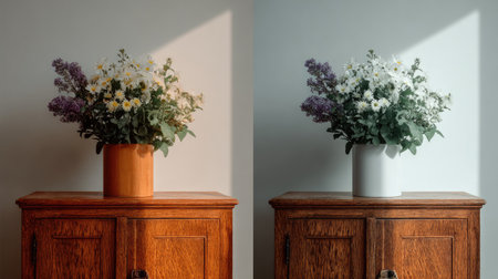 A beautiful flower arrangement showcases the elegance of nature. Two stylish vases display fresh blooms, highlighting different color palettes. Perfect for home decor.の素材