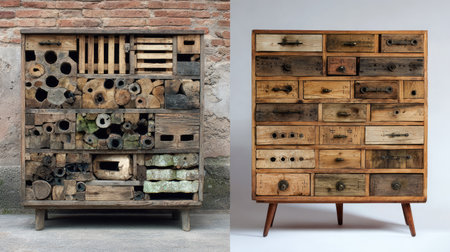 Discover a blend of unique wooden furniture showcasing intricate textures and artistic design. This piece inspires decor ideas with its rustic charm and craftsmanship.の素材