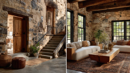Explore a cozy rustic interior showcasing stone walls and abundant natural lighting. The design blends modern comfort with timeless rustic charm, creating an inviting atmosphere.の素材