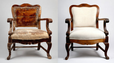 This image showcases an antique chair before and after restoration, highlighting the contrast between its worn state and renewed elegance, ideal for renovation projects.の素材