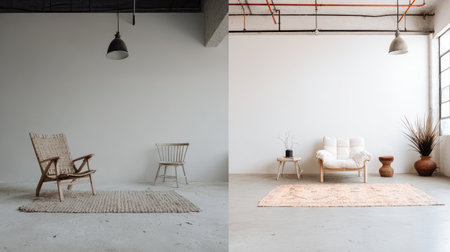 Bright and airy minimalist interior showcasing modern furniture in neutral tones. Ideal for promoting relaxation, simplicity, and contemporary living spaces.の素材