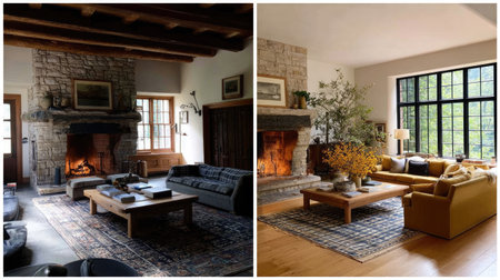 Explore two cozy living room designs featuring stone fireplaces, inviting furnishings, and abundant natural light, perfect for relaxation and gatherings.の素材