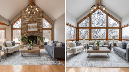 Bright and inviting living room featuring a stone fireplace and large windows. The modern decor blends elegant furniture with a neutral color palette, creating a cozy retreat.の素材
