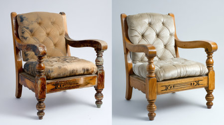 This image showcases a vintage armchair before and after restoration, highlighting the transformation of upholstery and wood. A journey of revival and craftsmanship.の素材