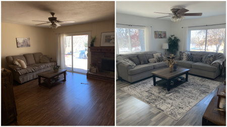 A stunning living room transformation showcasing a bright space filled with natural light. Featuring modern decor elements, a cozy atmosphere invites relaxation and style.の素材
