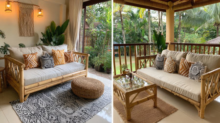 Discover a cozy bamboo living room featuring natural light, stylish cushions, and lush indoor plants. Ideal for a tranquil home setting that invites relaxation.の素材