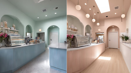 A beautiful view of a modern cafe interior featuring soft pastel colors, elegant lighting, and a welcoming atmosphere perfect for relaxation or socializing.の素材