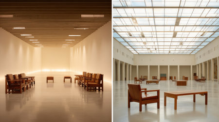 Spacious interior featuring elegant wooden furniture under natural light. The minimalist design creates a tranquil atmosphere ideal for relaxation and contemplation.の素材