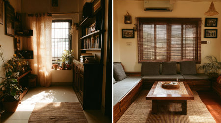 A cozy sunlit room features wooden furniture and lush indoor plants, creating a warm and inviting atmosphere perfect for relaxation and comfort.の素材