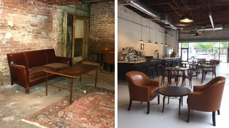 Explore the transformation of an industrial space into a modern coffee shop, showcasing vintage elements alongside contemporary design. A blend of comfort and style.の素材