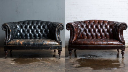 Discover the dramatic transformation of a vintage leather couch in this striking before and after image, highlighting restoration techniques and craftsmanship.の素材