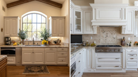 A beautifully designed kitchen featuring bright white cabinetry, granite countertops, and modern appliances. The space is flooded with natural light from large windows.の素材