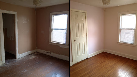 A striking before-and-after view of an interior room transformation showcasing fresh paint and clean finishes, highlighting improvement in aesthetics and ambiance.の素材