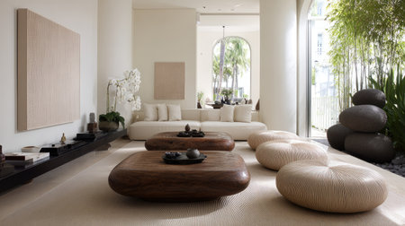 Step into this serene modern living space featuring minimalist decor, natural elements, and a tranquil ambiance, perfect for relaxation and comfort.の素材