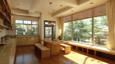 A stunning modern kitchen featuring abundant natural light, wooden elements, and an inviting atmosphere. Perfect for gatherings, relaxation, and culinary creations.の素材
