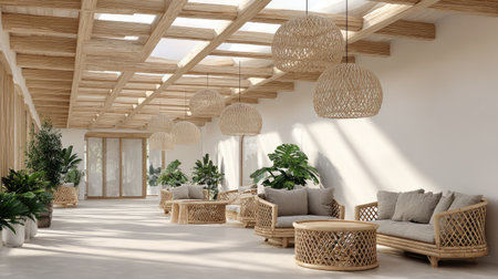 A serene interior space featuring modern wooden furniture, lush plants, and soft lighting, creating a tranquil atmosphere perfect for relaxation and comfort.の素材