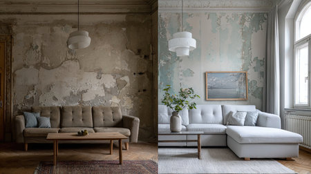 This image features a modern living room showcasing stylish furniture against a vintage texture wall, creating a captivating contrast in design and ambiance.の素材