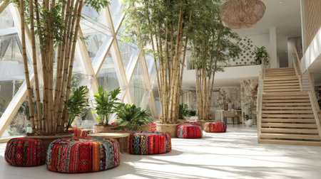 A bright and airy modern indoor space featuring bamboo plants, colorful cushions, and natural light. This stylish design creates a welcoming atmosphere for relaxation.の素材