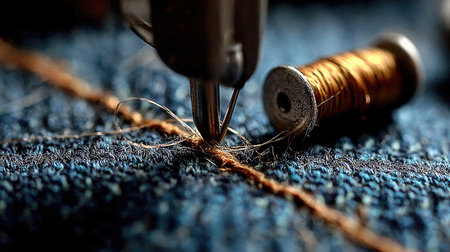 This detailed image showcases a sewing machine needle in action, stitching a vibrant piece of denim fabric, accompanied by a spool of thread. Perfect for showcasing craftsmanship.の素材