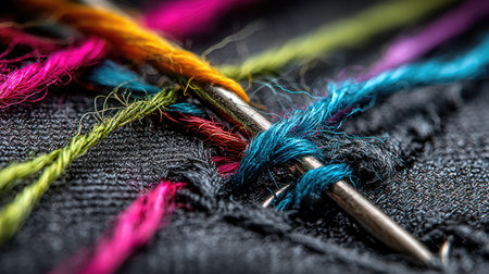This close-up image showcases a needle threaded with vibrant colors against dark fabric, highlighting the intricate details of sewing and craftsmanship.の素材
