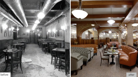 A striking transformation of a vintage restaurant interior showcases a stylish renovation. The image highlights cozy seating, warm lighting, and elegant decor.の素材