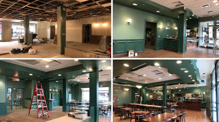 Images showcase the transformation of a restaurant interior featuring green accents. The space highlights progress from construction to a modern dining atmosphere, inviting guests.の素材