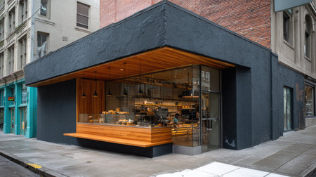 A modern cafe captures the essence of stylish design, featuring a wooden exterior and inviting atmosphere, perfect for enjoying coffee and pastries.の素材