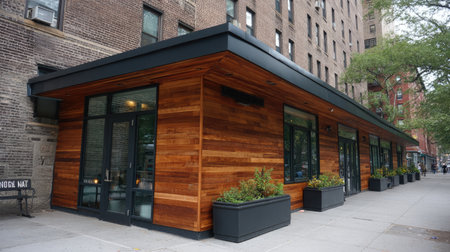 This image showcases a modern wooden facade of a stylish urban building. The design features large windows and green planters, creating an inviting atmosphere.の素材