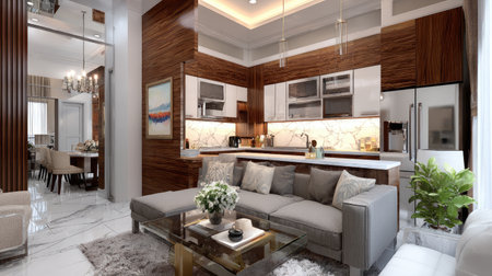 Discover a modern living room and kitchen featuring elegant design elements, stylish furniture, and bright ambiance, perfect for contemporary homes.の素材