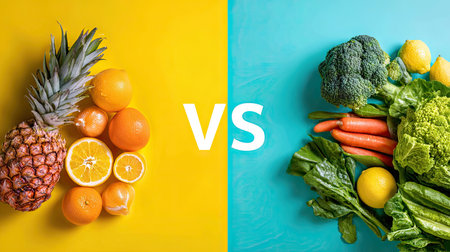 A vibrant comparison of fresh fruits and vegetables showcasing a pineapple, oranges, broccoli, and carrots. Perfect for healthy eating visuals.の素材