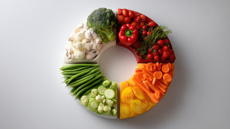 A vibrant arrangement of fresh vegetables showcasing a healthy lifestyle. This colorful display features broccoli, tomatoes, bell peppers, and carrots, ideal for promoting wellness and nutritious meal preparation.の素材