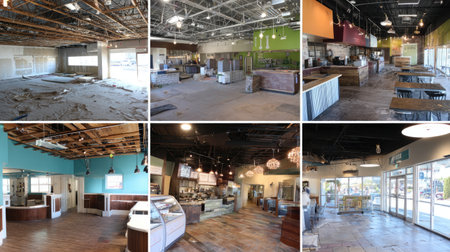 This image series showcases the detailed transformation of a commercial space, highlighting renovation stages and modern interior design elements, demonstrating the evolution from empty to inviting.の素材