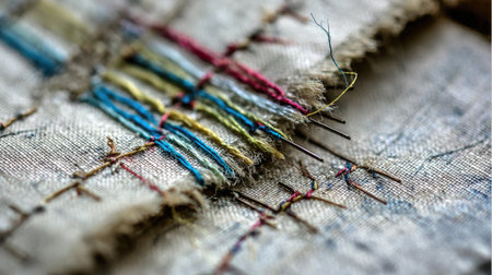 This close-up image showcases colorful threads and needles intricately arranged on a fabric surface, highlighting the art of stitching and craftsmanship. Perfect for creative projects.の素材