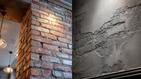 A captivating split image showcasing a rustic brick wall and a textured concrete surface, perfect for interior design inspiration and background enhancement.の素材