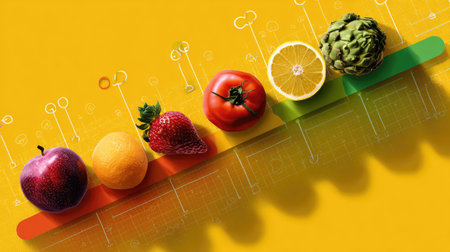 A visually appealing arrangement of fresh fruits and vegetables on a bright yellow background, emphasizing the beauty of healthy eating and nutrition.の素材