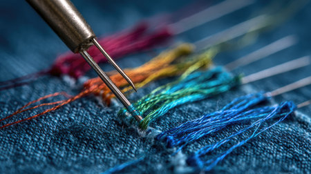 A close-up view captures colorful threads and a needle poised over denim fabric, showcasing the intricate details of sewing and textile artistry.の素材