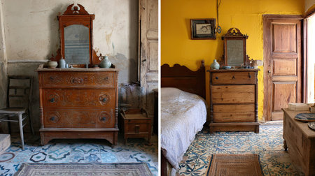 This striking image captures vintage room furniture showcasing rustic charm, with a unique color palette that enhances the inviting atmosphere and cozy interior design.の素材