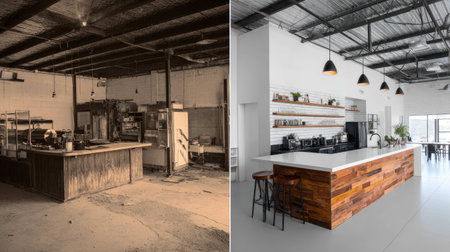 This image showcases the remarkable transformation of a rustic kitchen into a modern culinary space, emphasizing light, space, and contemporary design elements.の素材