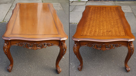 This elegant vintage wooden coffee table features intricate design details and a stunning woven surface, making it a perfect addition to any stylish living space.の素材