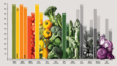 Detailed visual representation of nutritional values in vegetables, showcasing various types and their health benefits for better dietary choices and meal planning.の素材