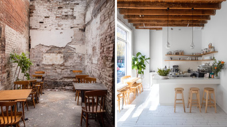 This image showcases a stunning transformation of a cafの素材